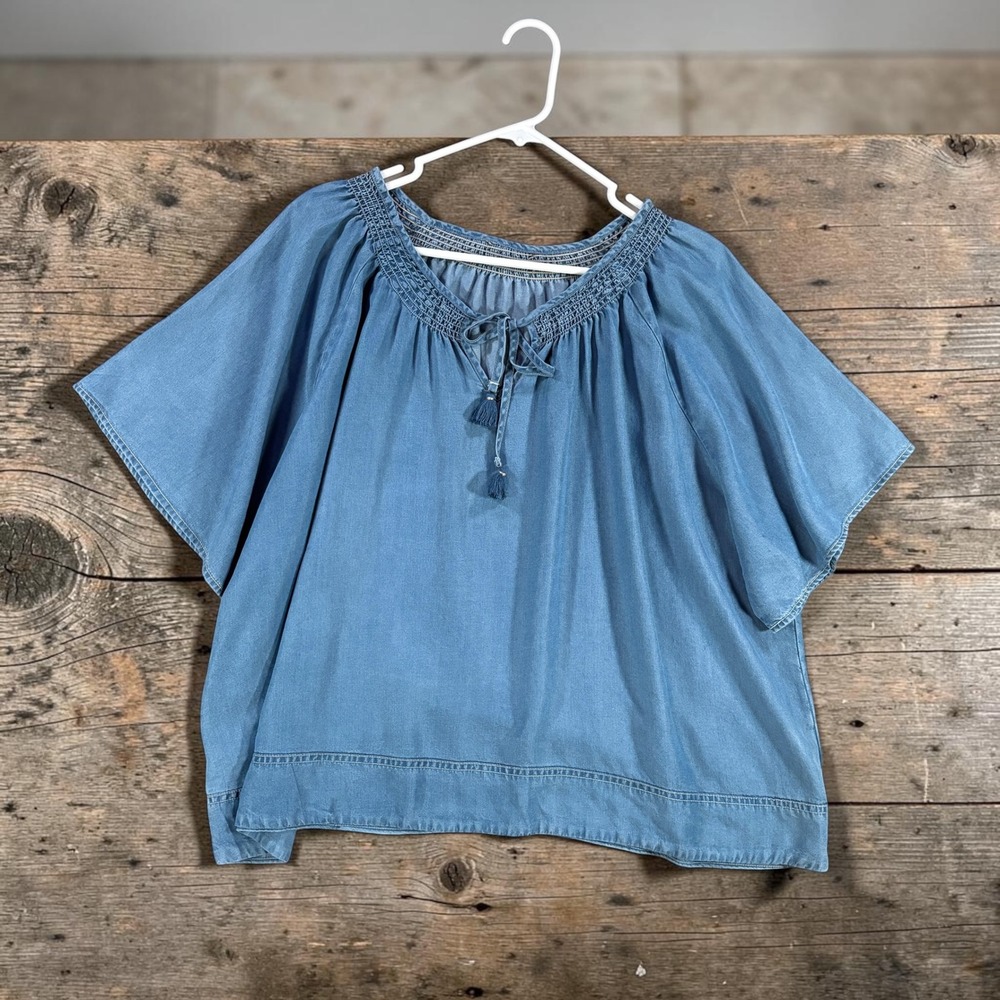 Women's Chambray Lyocell Peasant Blouse Blue Smocked Tassel Tie Relaxed Fit